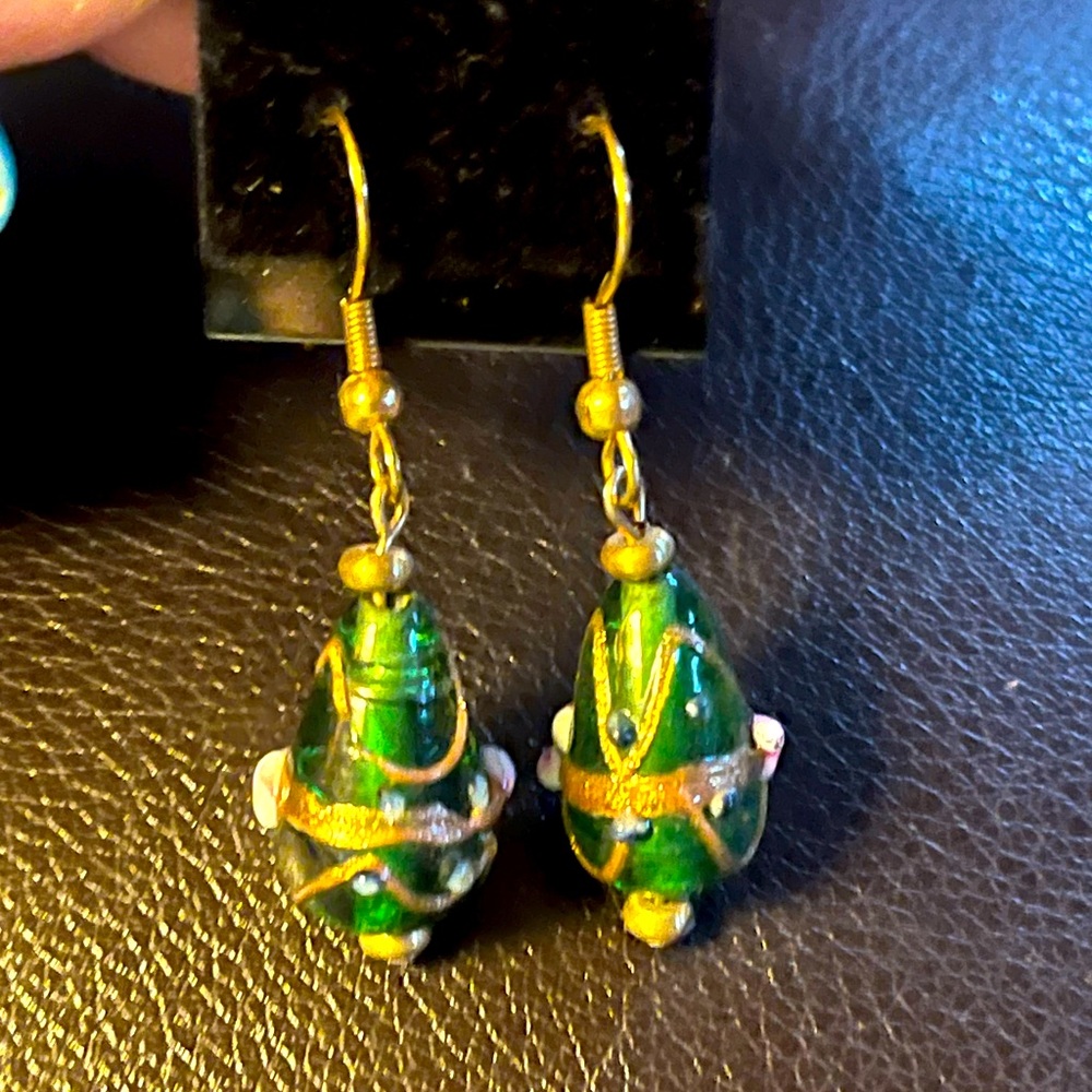 Beautiful Handmade green glass bead and gold earrings